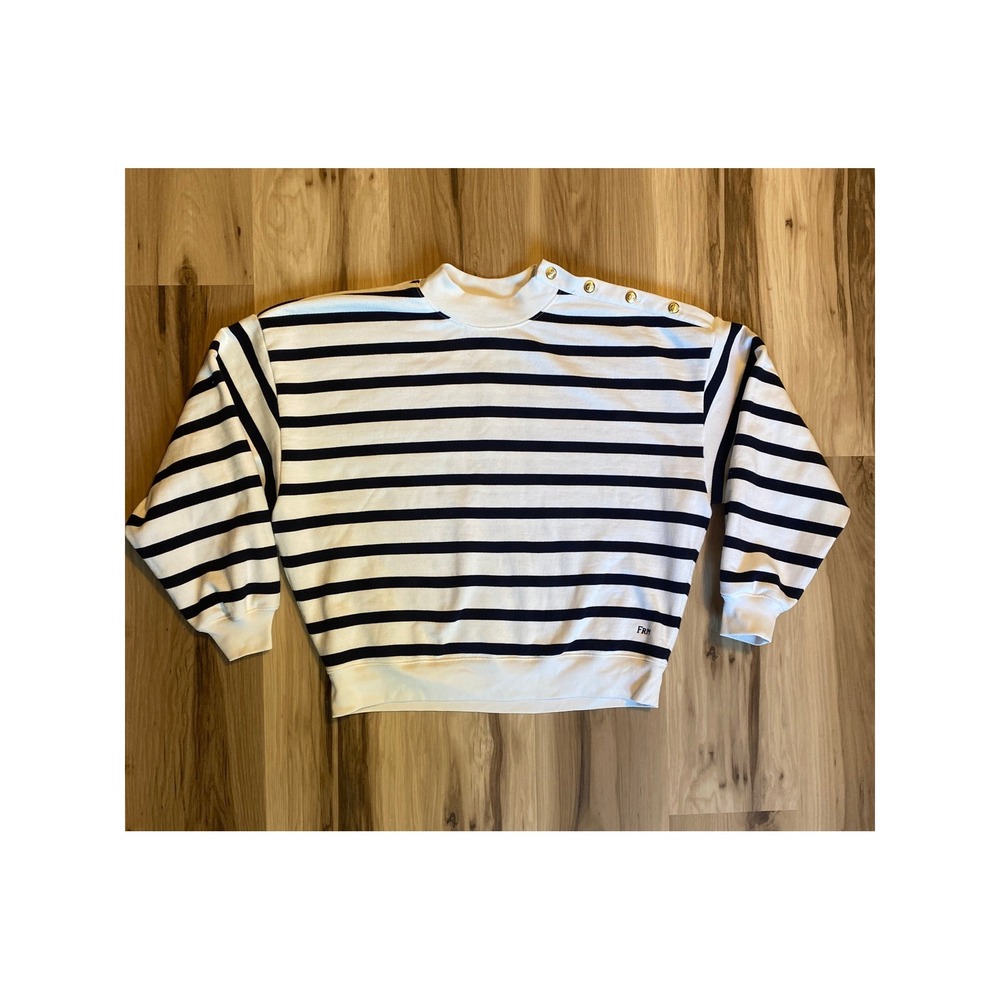 FRAME Button Detail Sweatshirt Navy Multi Black & White Gold Button XS Nautical